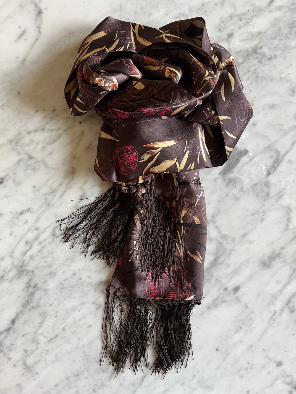 Chinese Arts and Crafts Silk Scarf Deep Plum Brown Botanical Script Motif NWT